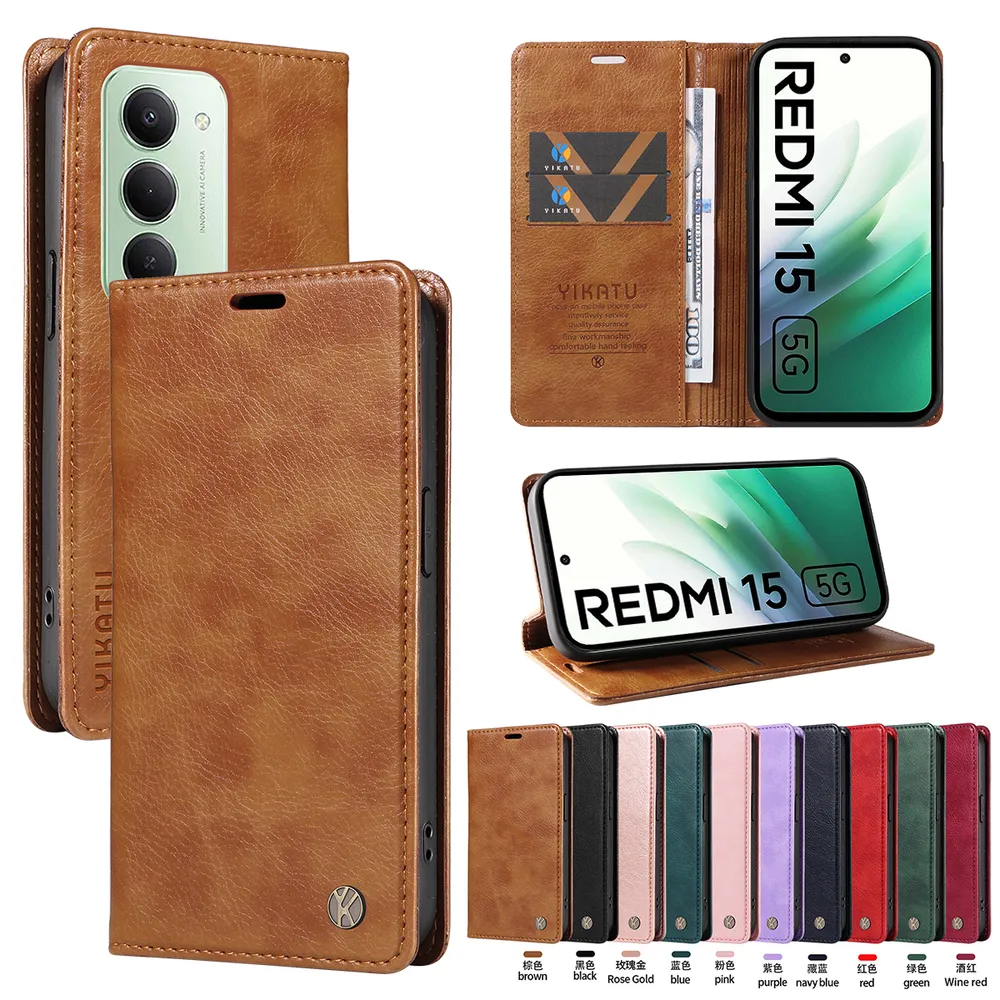 YIKATU YK-006 For Xiaomi Redmi 15 5G 169mm Leather Wallet Case Magnetic Closing Flip Phone Cover