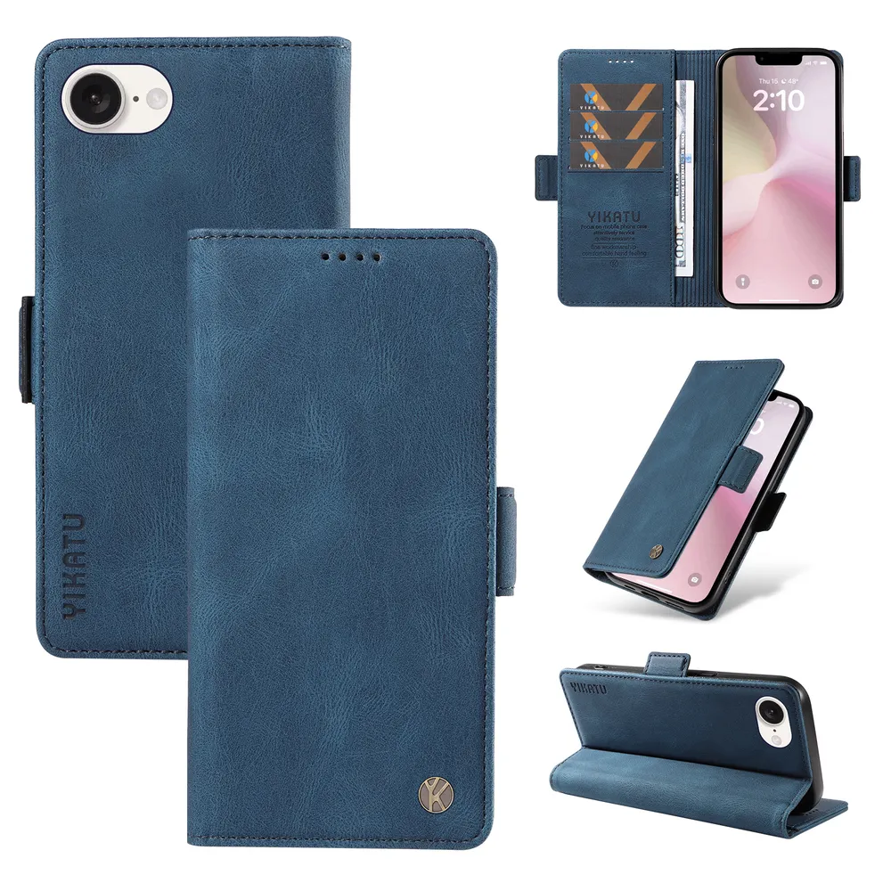 YIKATU YK-005 For iPhone 16E PU Leather Wallet Case Skin-touch Stand Magnetic Closure Phone Cover