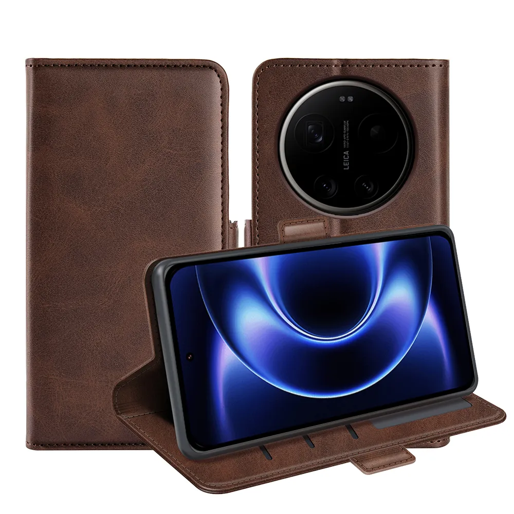 For Xiaomi 17 Ultra Double Buckle Wallet Style Folio Flip Leather Case with Stand and Card Slots Function