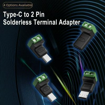 Solderless Plug USB C to 2Pin Terminal Adapter Screw Type-C to 2 Pin Crimp Terminal Block 5V Charging Conversion