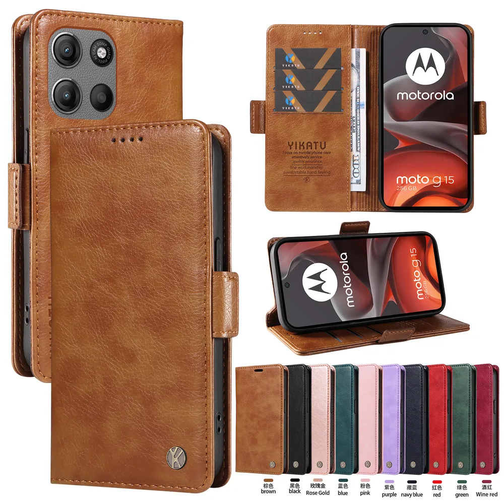 YIKATU YK-007 For Motorola Moto G15 Leather Phone Cover Magnetic Side Clasps Protective Case