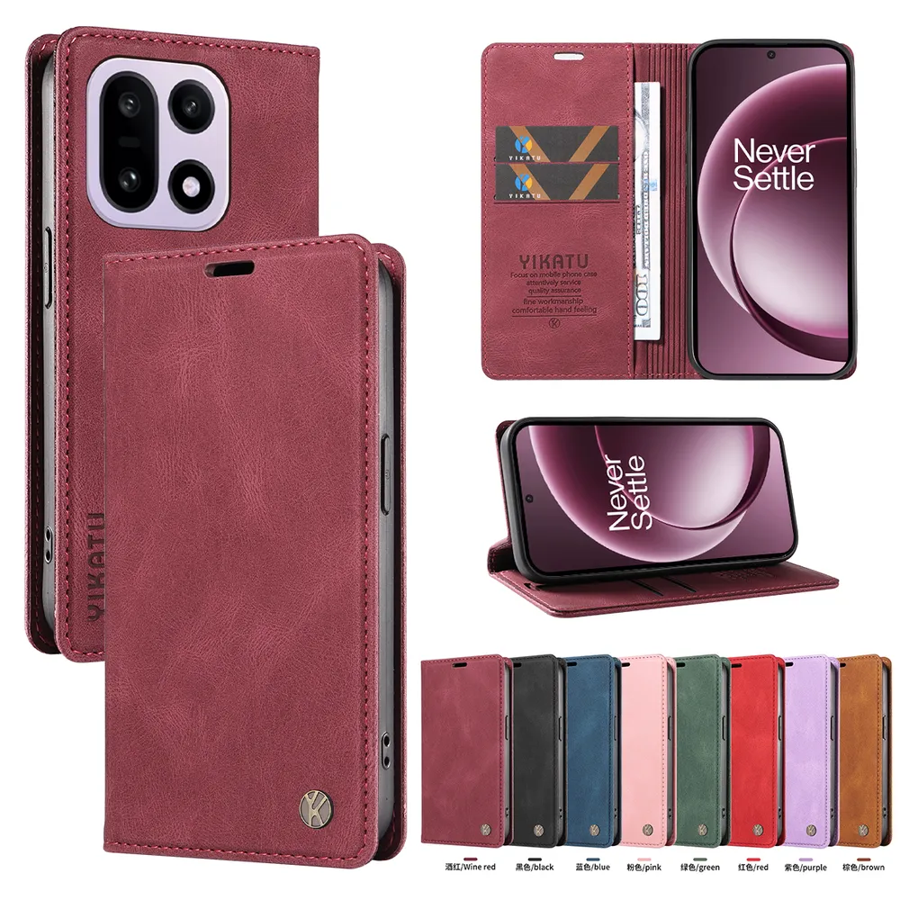 YIKATU YK-004 For Oneplus 15 Magnetic Case Skin-touch Leather Stand Wallet Phone Cover 