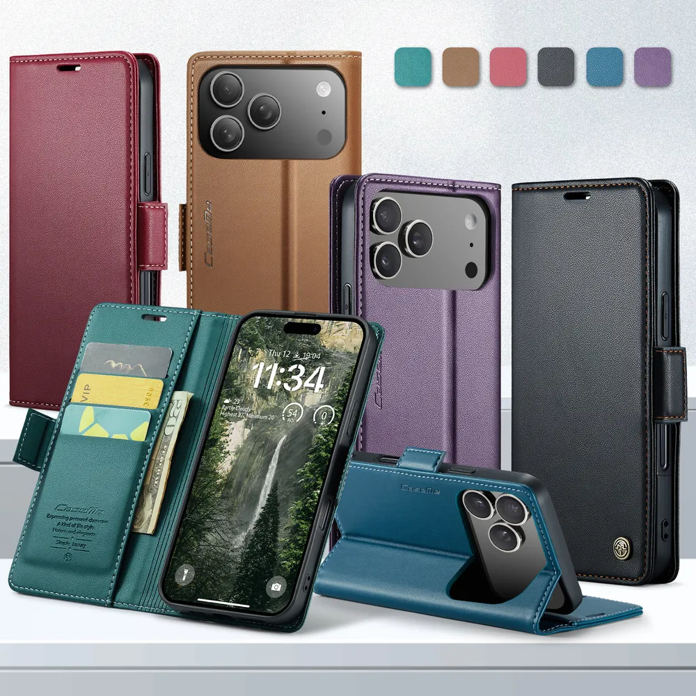 CASEME 023 Series For iPhone 17 Pro RFID Blocking Leather Case Wallet Stand Phone Cover