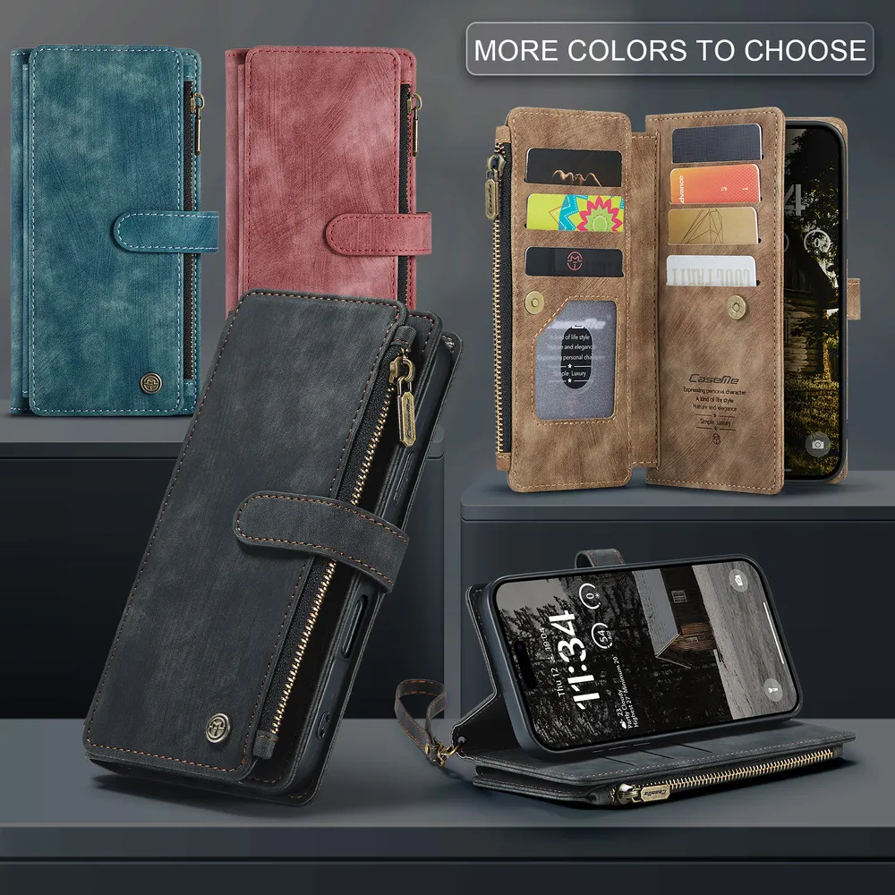 CASEME C30 Series for iPhone 17 Air PU Leather Phone Case Card Slots Zipper Pocket Stand Cover