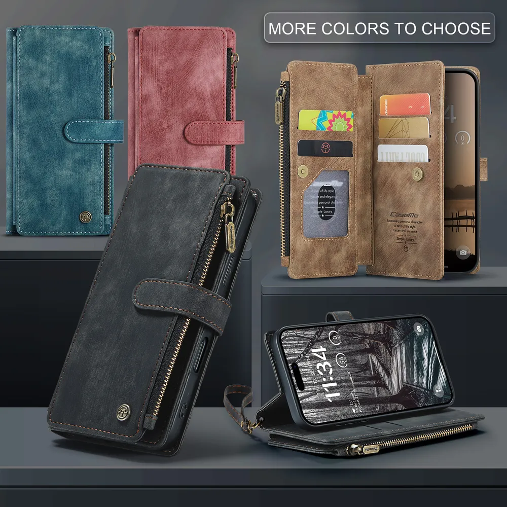 CASEME C30 Series for iPhone 17 Pro PU Leather Phone Case Card Slots Zipper Pocket Stand Cover