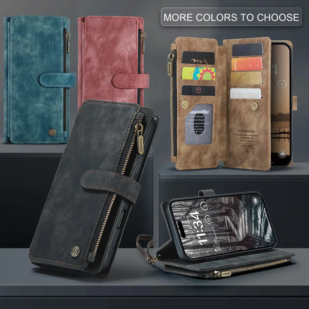 CASEME C30 Series for iPhone 17 Pro Max PU Leather Phone Case Card Slots Zipper Pocket Stand Cover