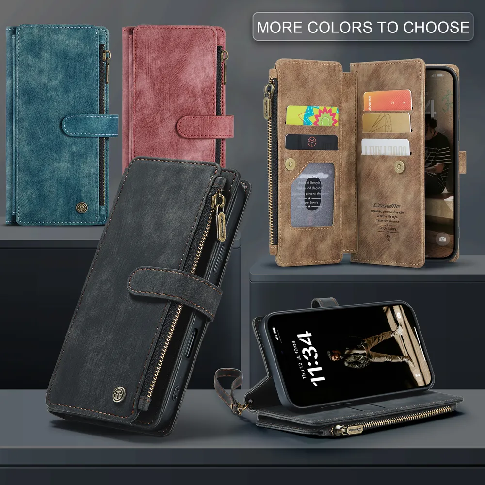 CASEME C30 Series for iPhone 17 PU Leather Phone Case Card Slots Zipper Pocket Stand Cover