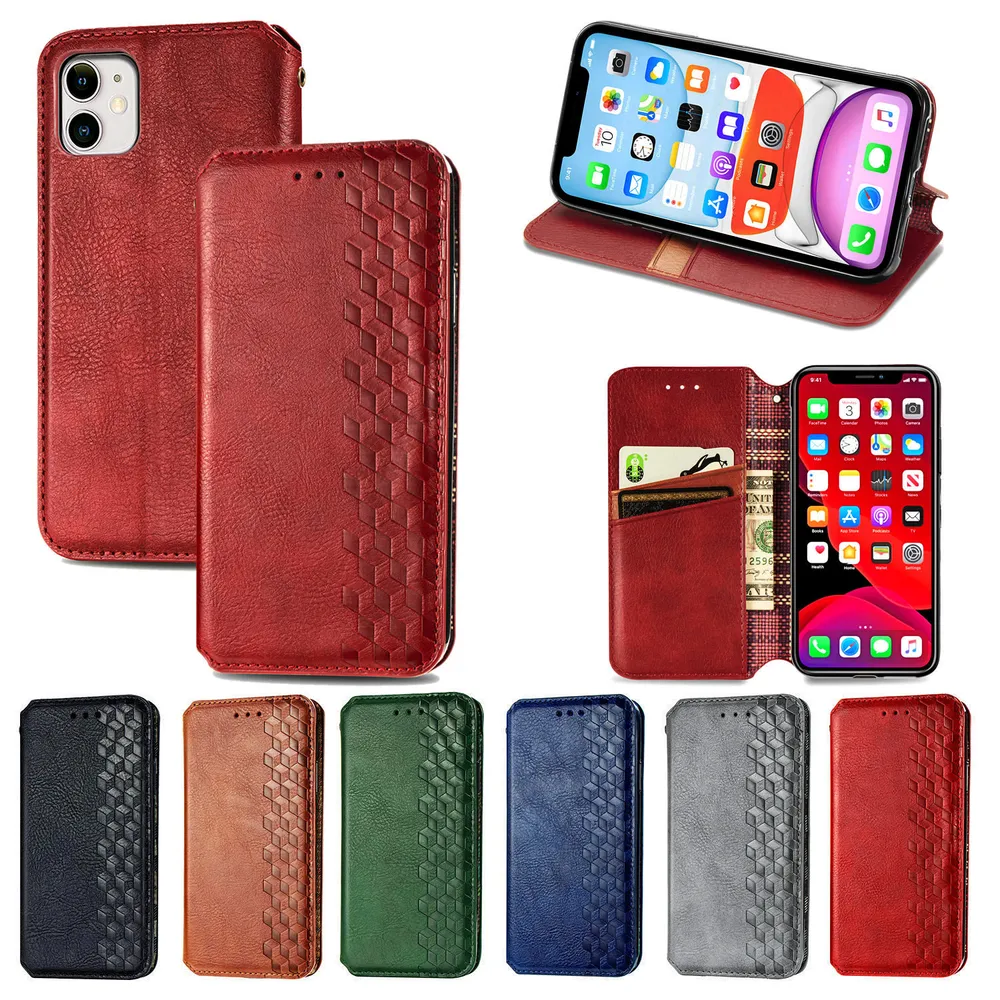 For iPhone 11 PU Leather Case Rhombus Imprint Wallet Stand Phone Cover 